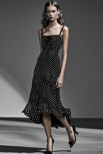 Chiffon Black White Polka Dot Graduation Dress with Ruffles